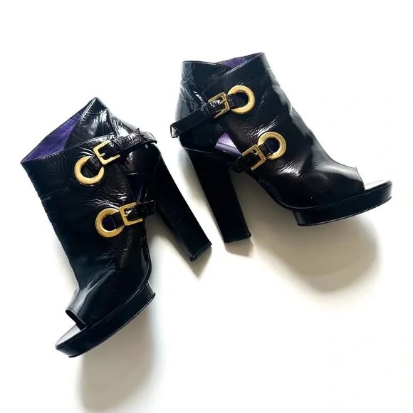 Sergio Rossi Crinkle Patent Leather Open-toe Booties Golden Statement Buckles 38 - Picture 1 of 14